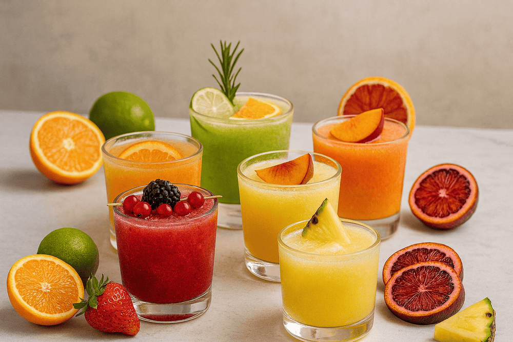 Various healthy juice mocktail surrounded with fresh fruit