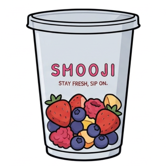 A cartoon-style white plastic cup with a lid, labeled 'SMOOJI' and 'STAY FRESH, SIP ON.' with an illustration of strawberries, blueberries, raspberries, and yellow fruit pieces inside, on a white background.