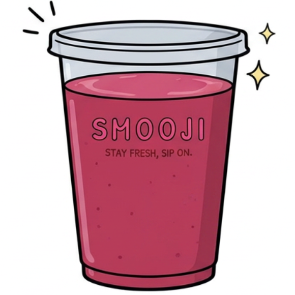 A cartoon-style illustration of a clear plastic cup filled with pink smoothie, labeled 'SMOOJI' and 'STAY FRESH, SIP ON.'.