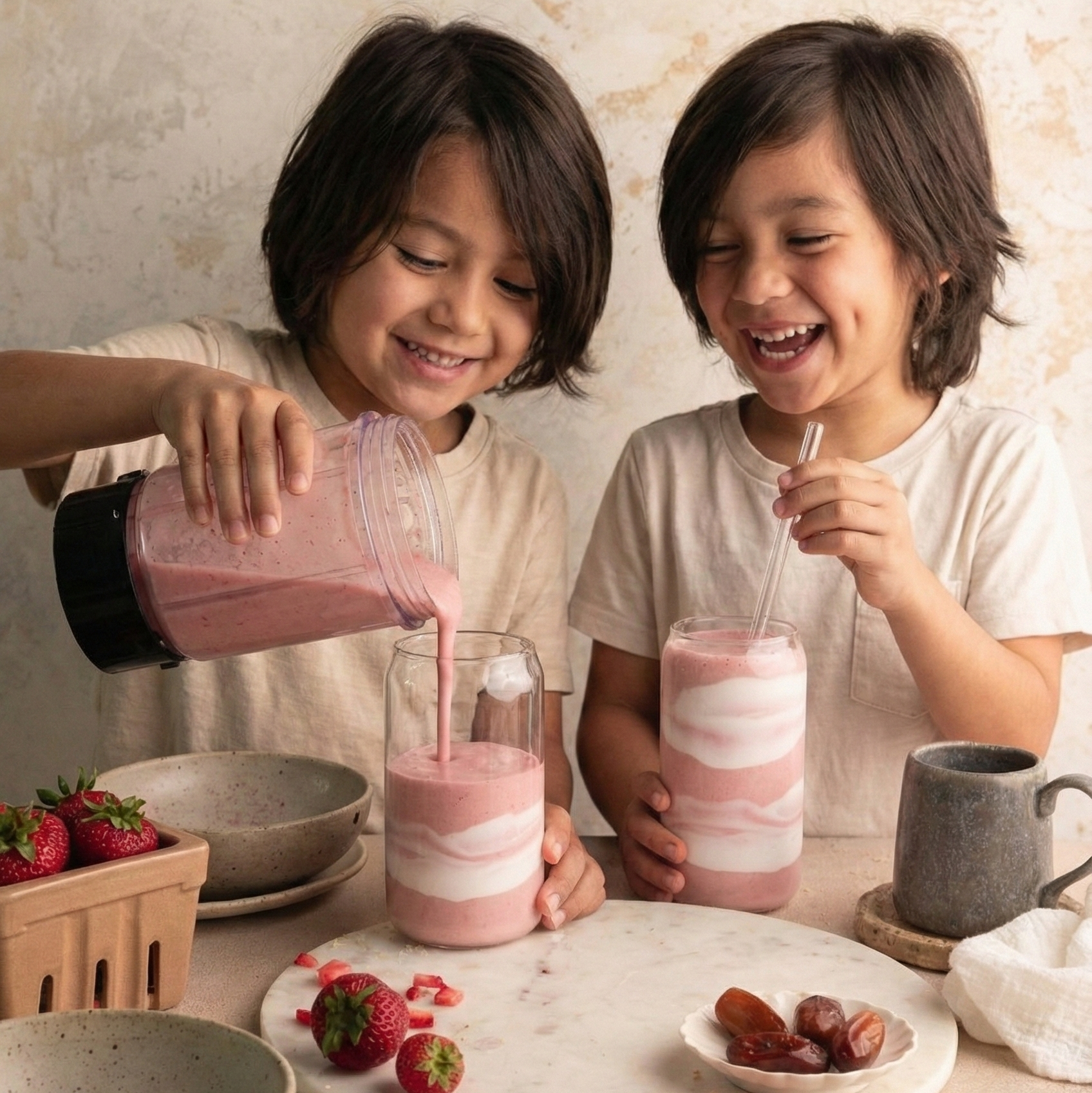 Two children making a pink smoothie at a table with ingredients and utensils.
