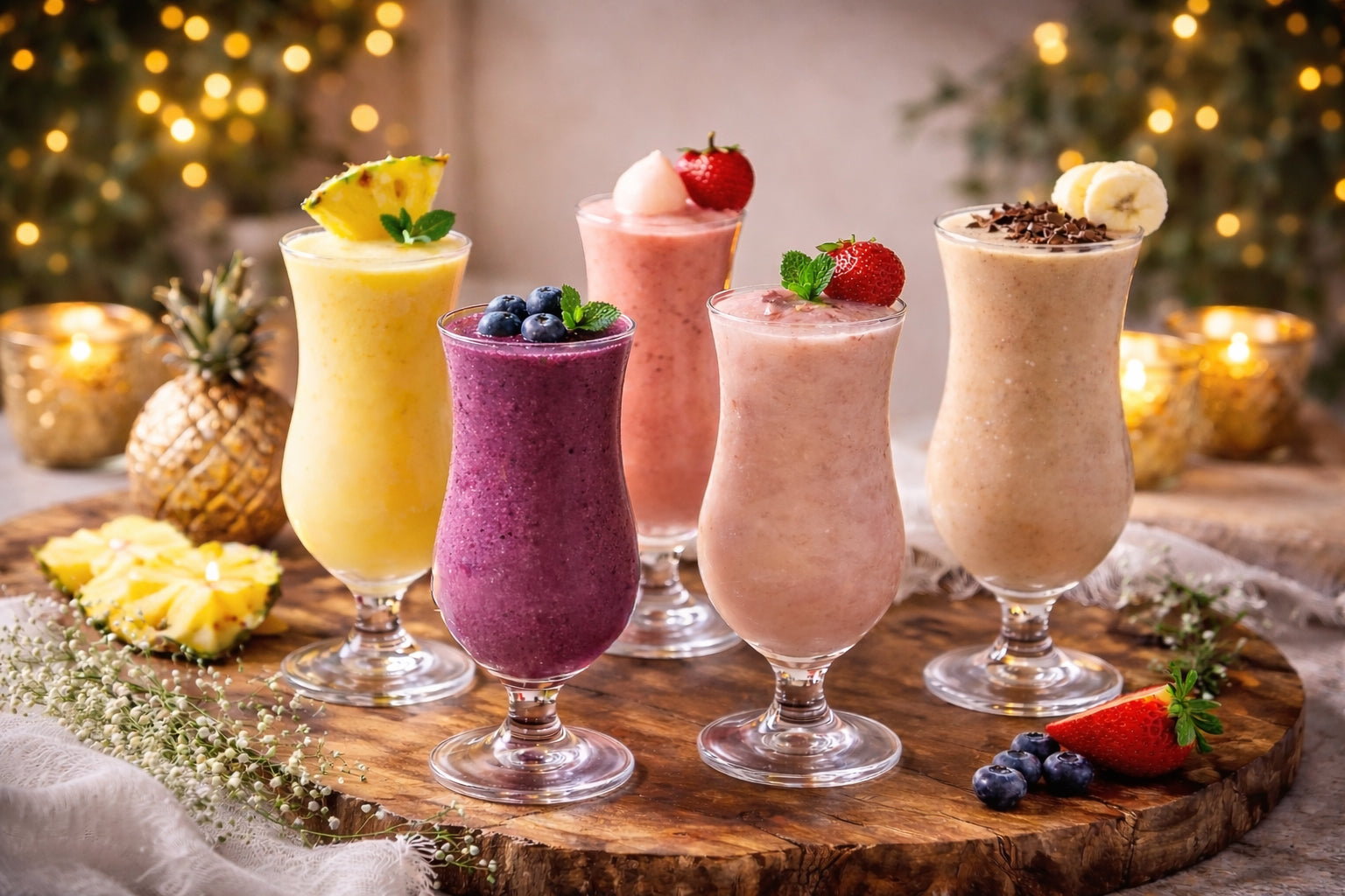 Assorted smoothies in glasses on a wooden board with festive lights in the background