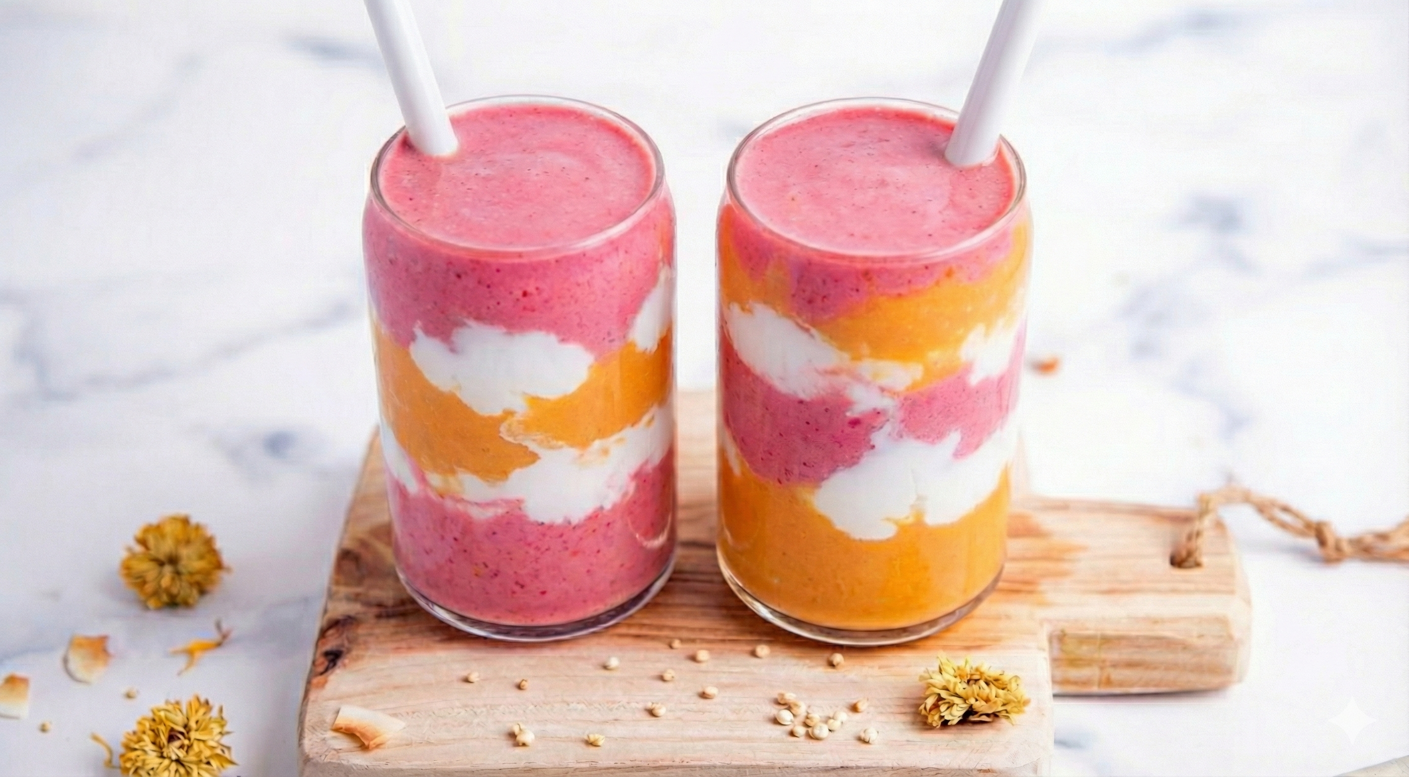 Two glasses of layered smoothie with pink, orange, and white layers on a wooden board.