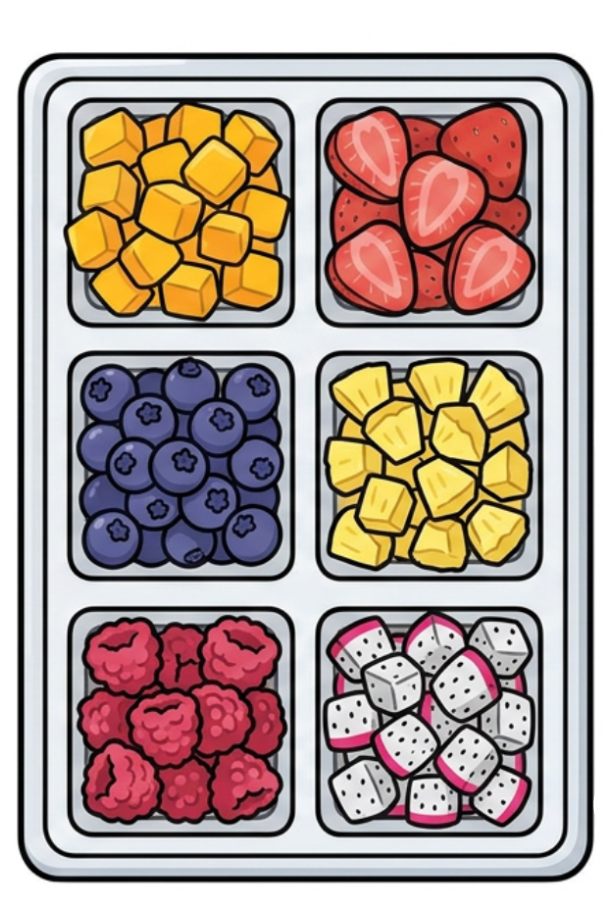 Illustrated product graphic showing a tray of fresh fruit for Popup smoothie cart